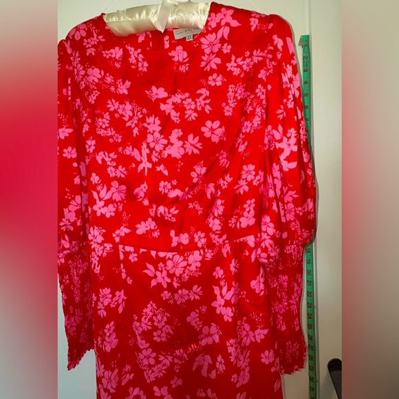 Never Fully Dressed Delores Dress 10 Red Pink Floral ruched bishop sleeves $103 - Picture 8 of 16